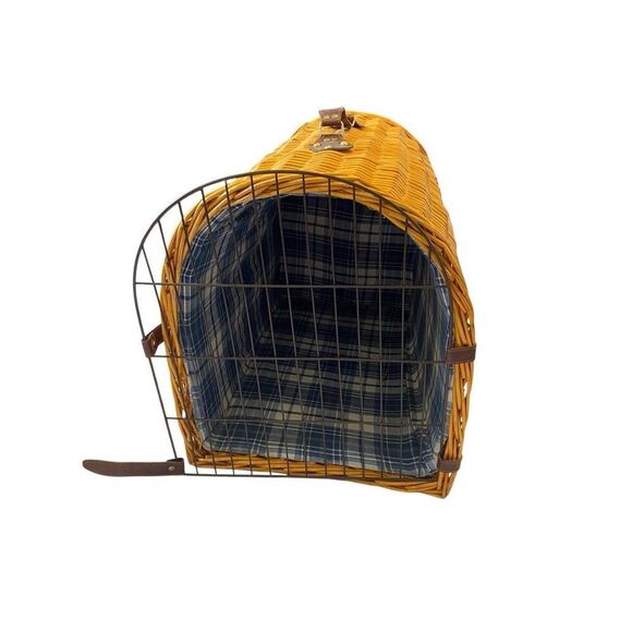 Medium Wicker Pet Carrier Plaid Lining Cat Dog Travel Vacation Luggage - Picture 2 of 16